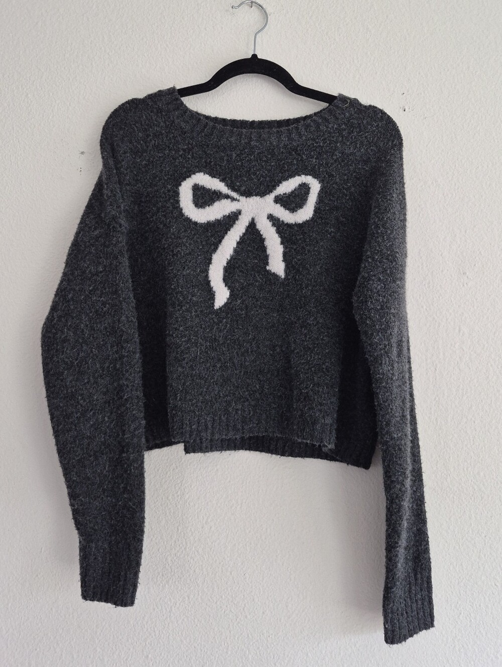 Jessica Simpson Cropped Croquette Bow Sweater, Charcoal Gray, Size L